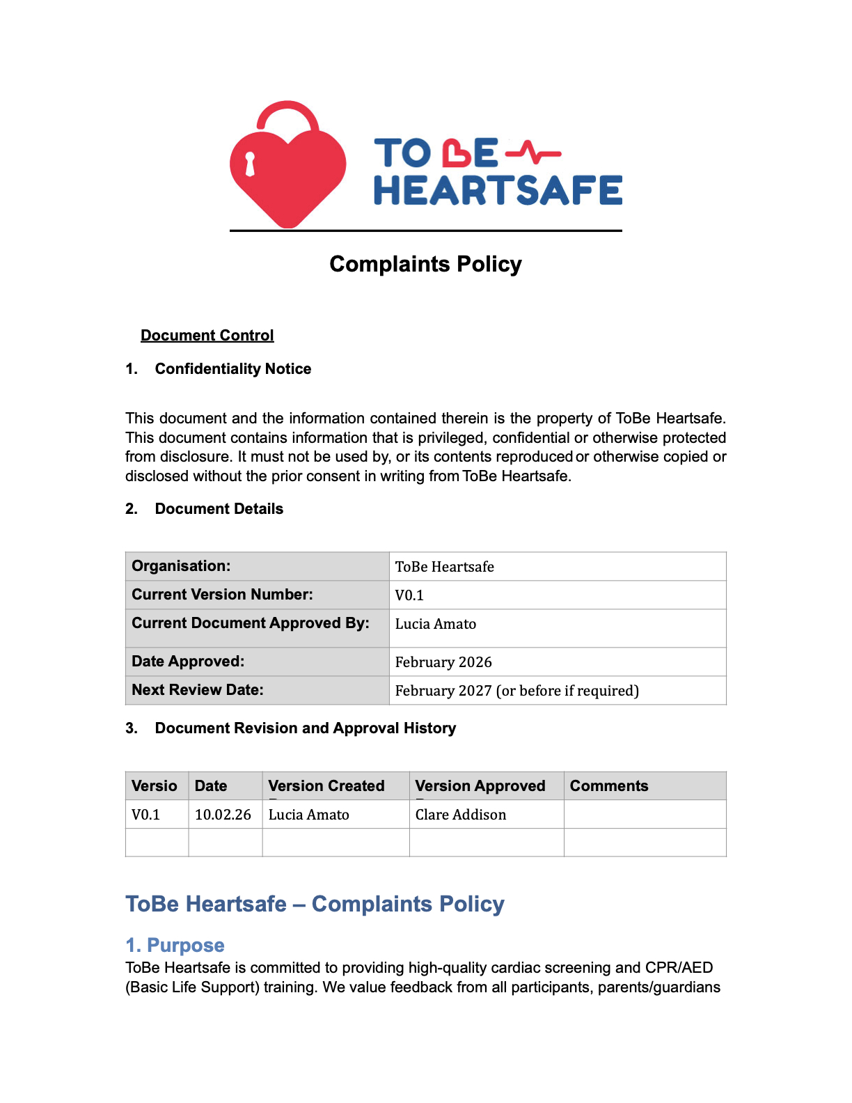 ToBe Heartsafe Complaints Policy and Procedure 2026.1