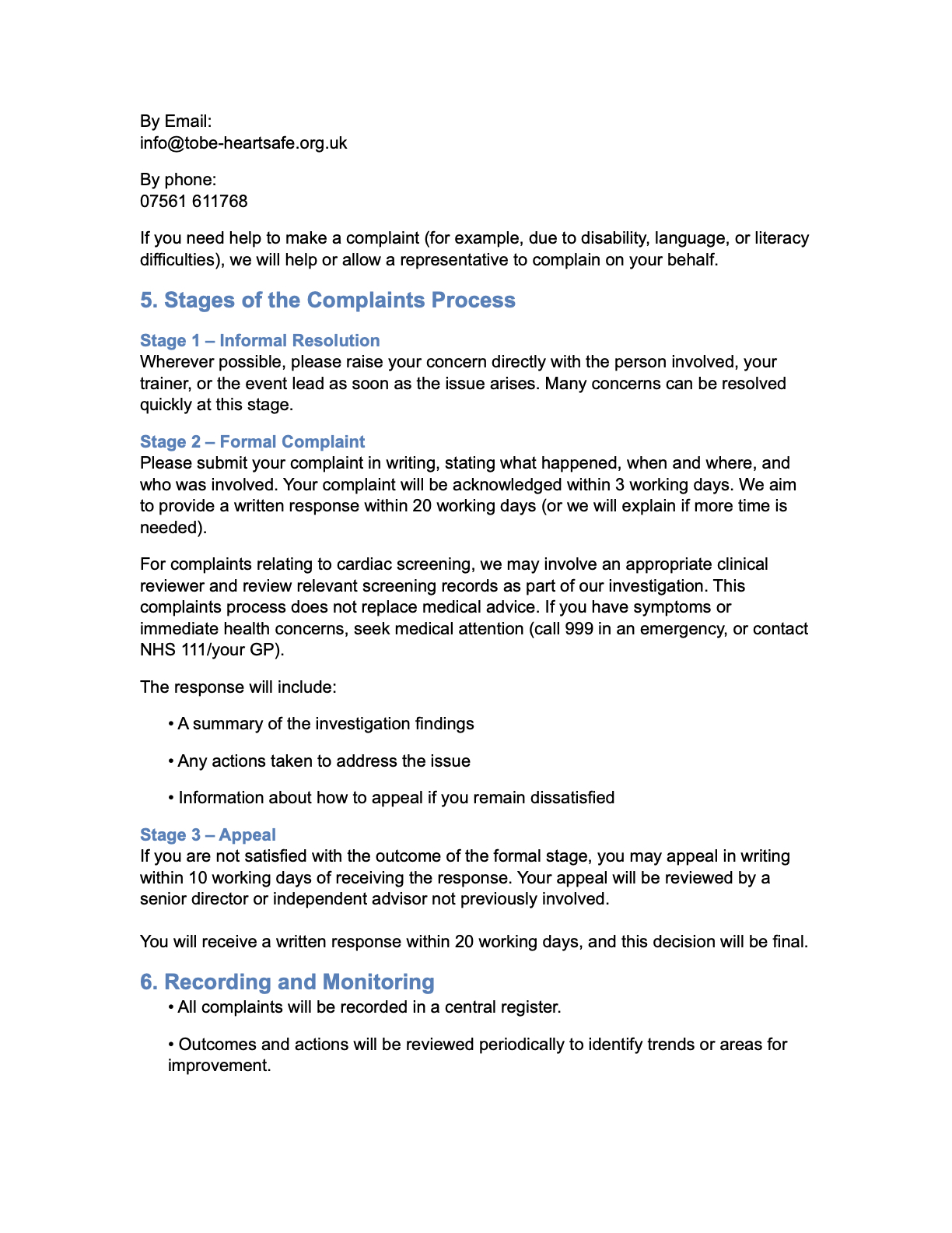 ToBe Heartsafe Complaints Policy and Procedure 2026.3